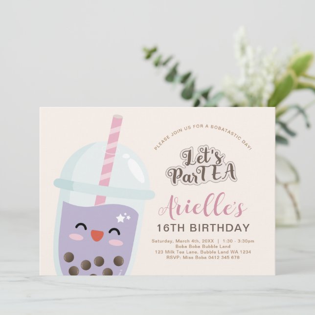 Invitación Cumpleaños de té de burbujas Cute Minimalista Boba (Anverso de pie)
