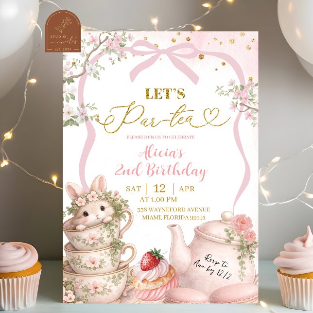 Invitación Cumpleaños de té de conejito de primavera Coquette (Subido por el creador)