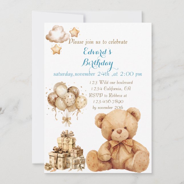 Invitación Cumpleaños de Teddy Bear Beige Balloon (Anverso)