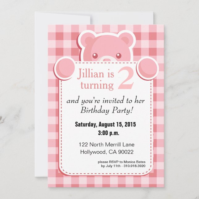 Invitación Cumpleaños de Teddy Bear Gingham Plaid| rosa (Anverso)