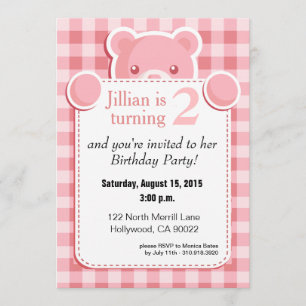 Invitación Cumpleaños de Teddy Bear Gingham Plaid  rosa