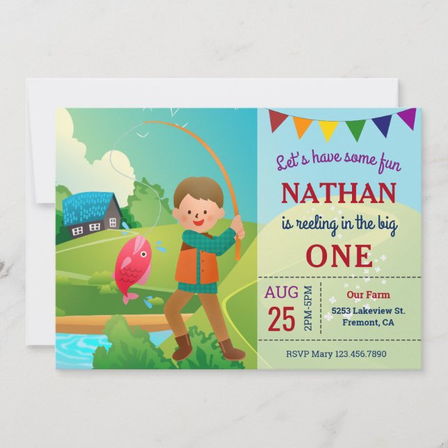 Invitación Cumpleaños de tema de pesca The Big One para niños (Anverso)