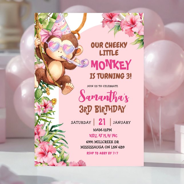 Invitación Cumpleaños de tema Savannah de mono travieso rosa (Subido por el creador)