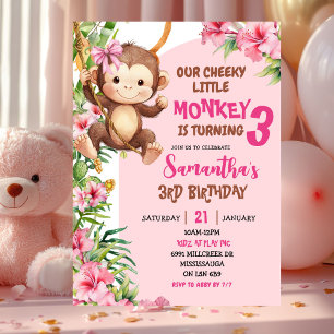 Invitación Cumpleaños de tema Savannah de mono travieso rosa
