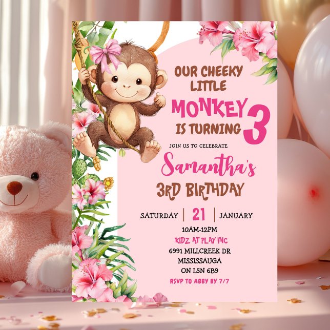 Invitación Cumpleaños de tema Savannah de mono travieso rosa (Subido por el creador)