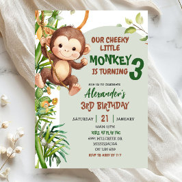 Invitación Cumpleaños de tema Savannah Mono Verde Travieso Pe