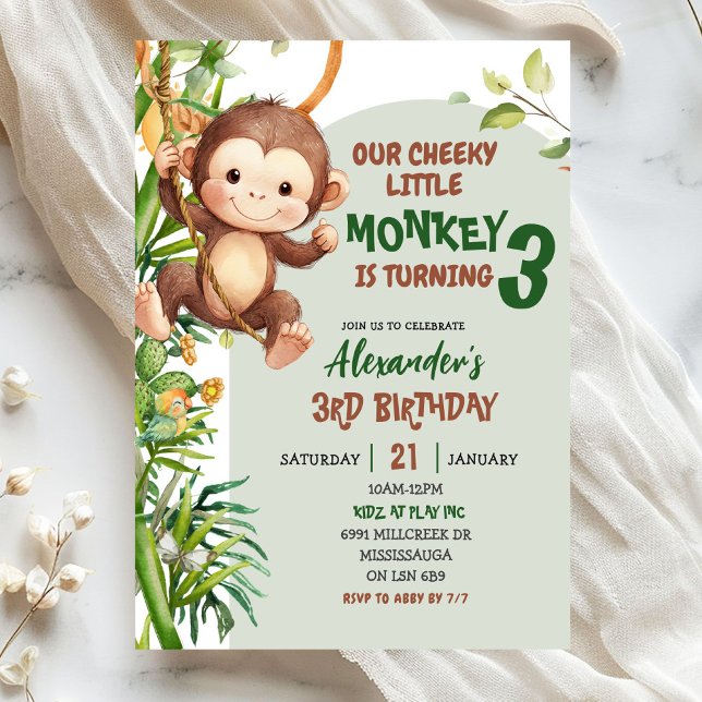 Invitación Cumpleaños de tema Savannah Mono Verde Travieso Pe (Subido por el creador)