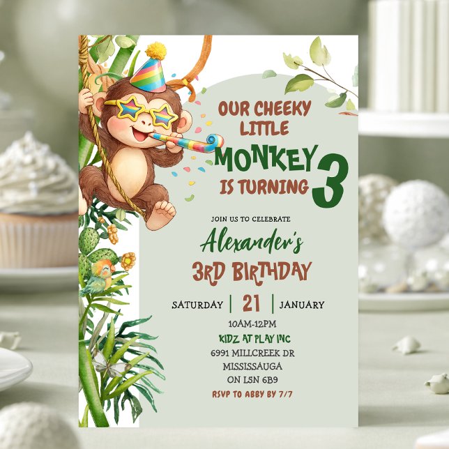 Invitación Cumpleaños de tema Savannah Mono Verdequillo (Subido por el creador)