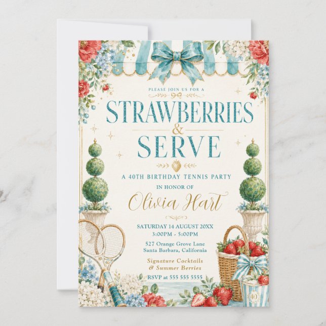 Invitación Cumpleaños de tenis Fresas y Servicio (Anverso)
