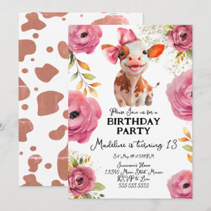 Invitación Cumpleaños de ternera con flores rosadas en acuare