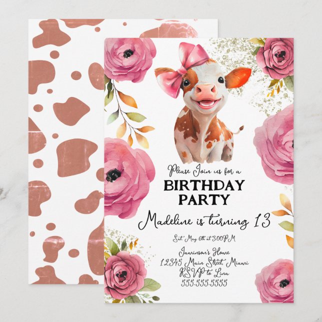 Invitación Cumpleaños de ternera con flores rosadas en acuare (Anverso / Reverso)