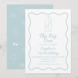 Invitación Cumpleaños de The Big One con tabla de surf y gara