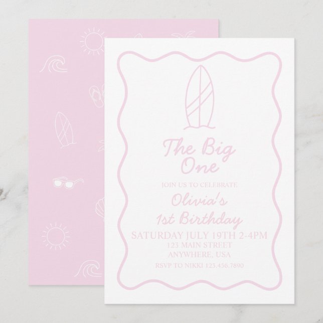 Invitación Cumpleaños de The Big One con tabla de surf y gara (Anverso / Reverso)