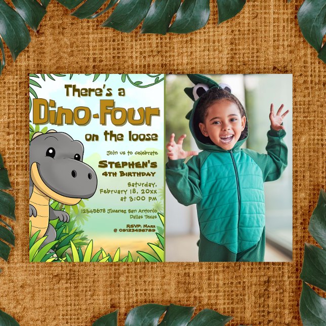 Invitación Cumpleaños de Three Rex Boy 4 con Foto (Three Rex Boy 4th Birthday with Photo Invitation)