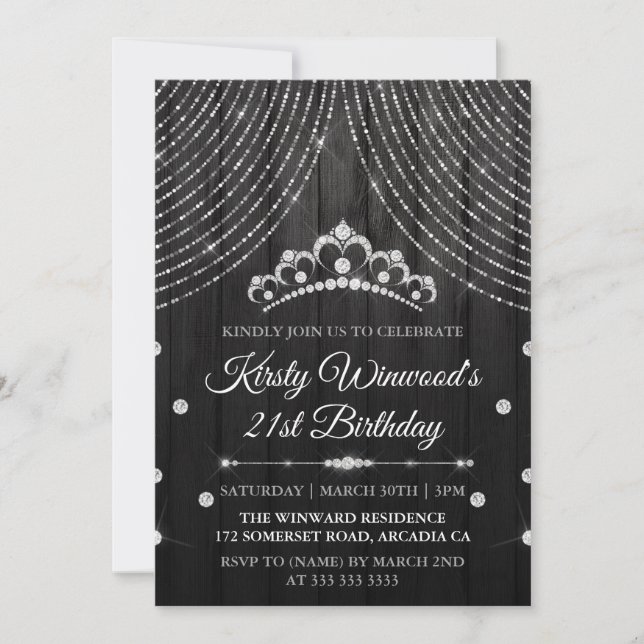 Invitación Cumpleaños de Tiara, diamante negro plateado (Anverso)