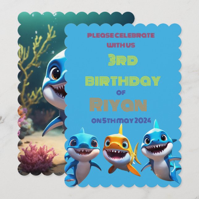 Invitación cumpleaños de tiburón bebé (Anverso / Reverso)