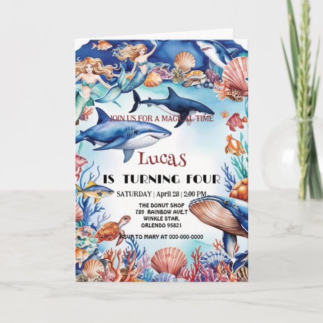 Invitación cumpleaños de tiburón de tortuga arco iris con sir (Anverso)