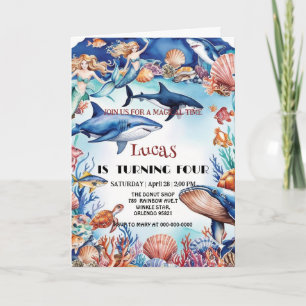 Invitación cumpleaños de tiburón de tortuga arco iris con sir