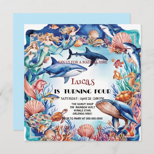 Invitación cumpleaños de tiburón de tortuga arco iris con sir (Anverso / Reverso)