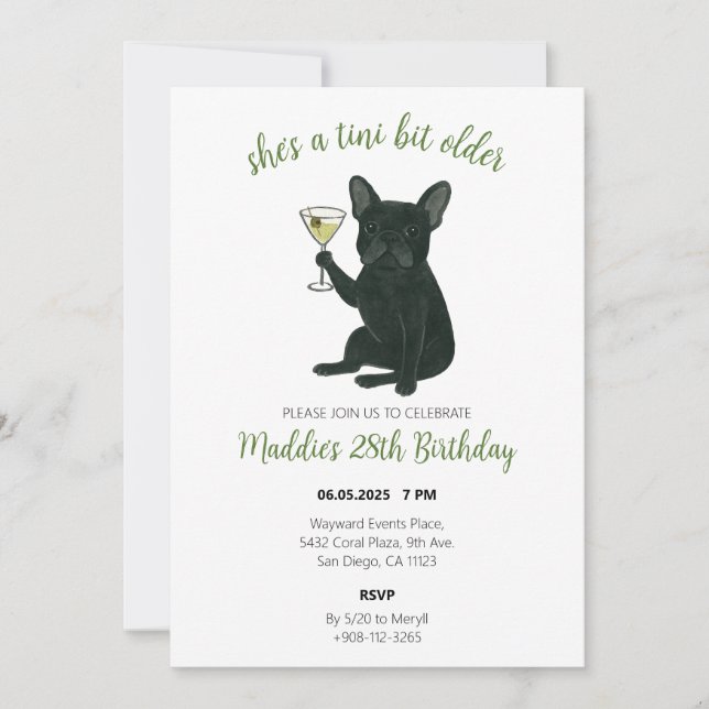 Invitación Cumpleaños de Tini Bit Older Frenchie Martini (Anverso)