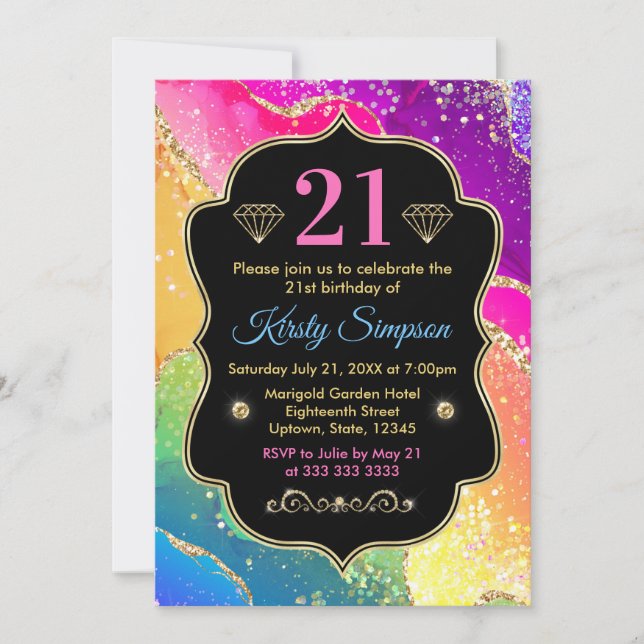 Invitación Cumpleaños de Tinta Alcohólica Arcoíris Glamuroso  (Anverso)