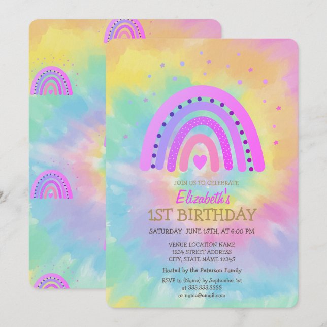 Invitación Cumpleaños de Tinte de Arcoíris con Acuarela Fría (Anverso / Reverso)