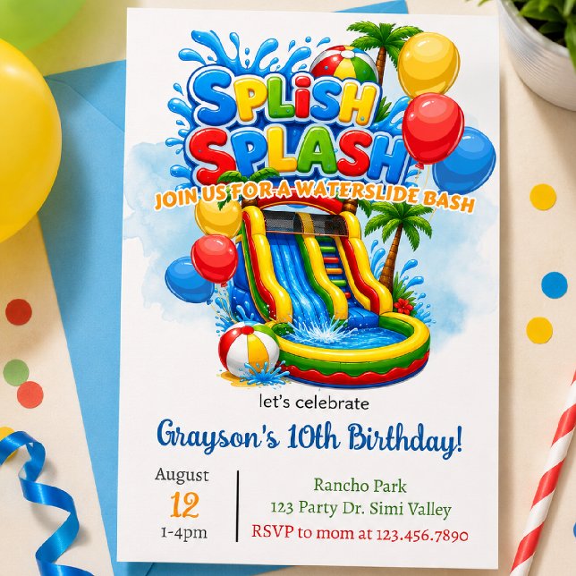 Invitación Cumpleaños de tobogán de agua Splish Splash | Casa (Subido por el creador)