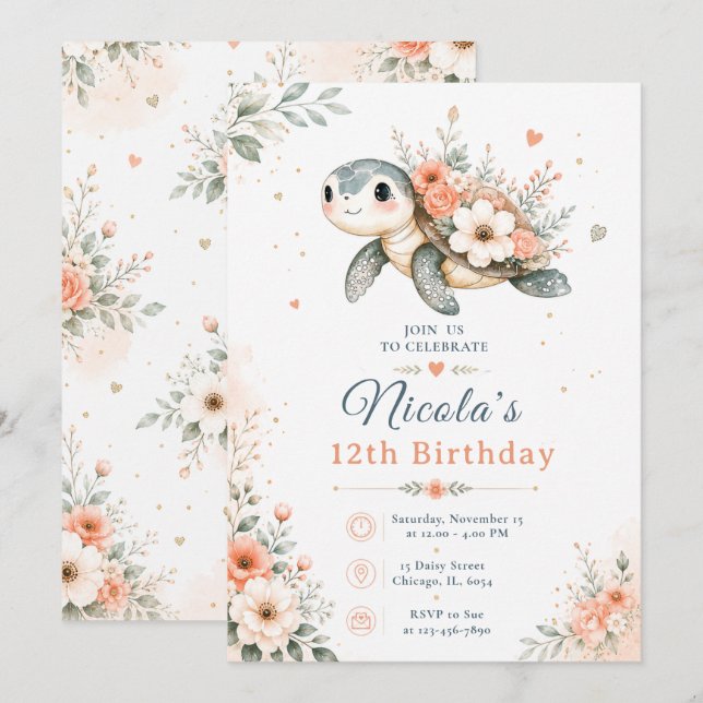 Invitación Cumpleaños de Tortuga Floral (Anverso / Reverso)