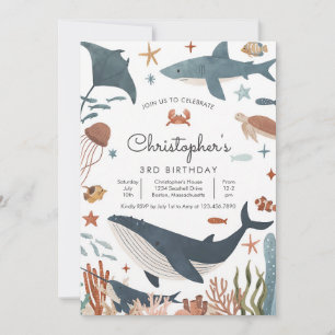 Invitación Cumpleaños de Tortuga Tiburón Ballena Bajo el Mar