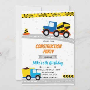 Invitación Cumpleaños de transporte de construcción azul