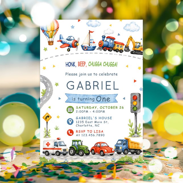 Invitación Cumpleaños de Transporte Honk, Beep, Chugga Chugga (Subido por el creador)