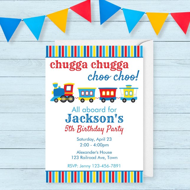 Invitación Cumpleaños de Tren Adorable (Invitation for a train birthday party with a cute train illustration in primarty colors)