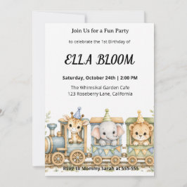 Invitación Cumpleaños de tren de juguete safari animales acua