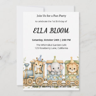 Invitación Cumpleaños de tren de juguete safari animales acua