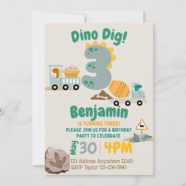 Invitación Cumpleaños de tres años de construcción de dinosau (Anverso)