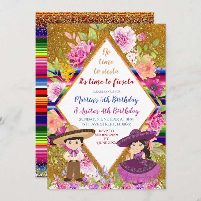 Invitación Cumpleaños de Tres Anos Purple Mexicana Fiesta par (Anverso / Reverso)