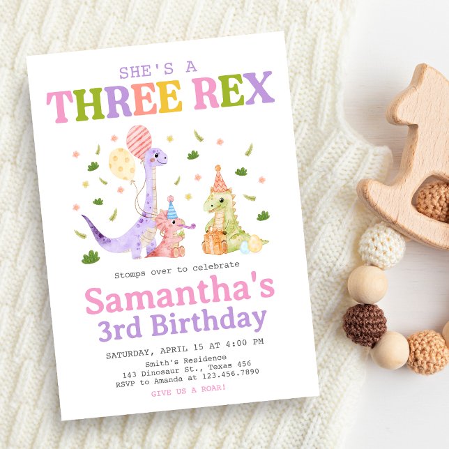 Invitación Cumpleaños de tres dinosaurios Rex (Dinosaur 3rd Birthday Invitation)