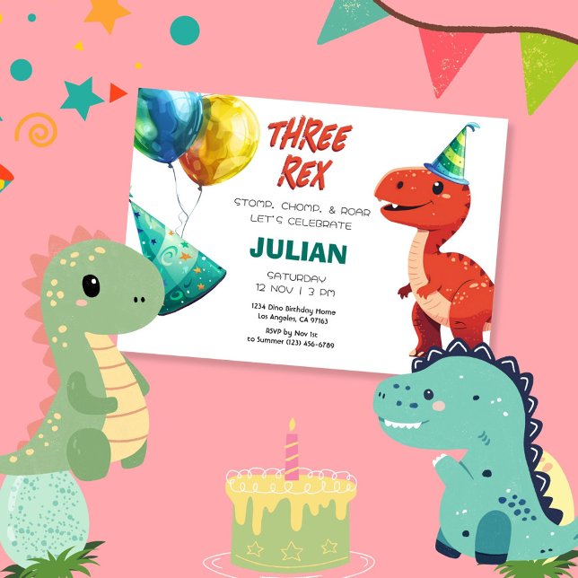 Invitación Cumpleaños de tres dinosaurios Rex Cute Tyrex (Subido por el creador)