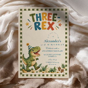 Invitación Cumpleaños de tres dinosaurios Rex Verde a cuadros