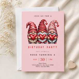 Invitación Cumpleaños de Tres Gnomos Rosados 3er Cumpleaños