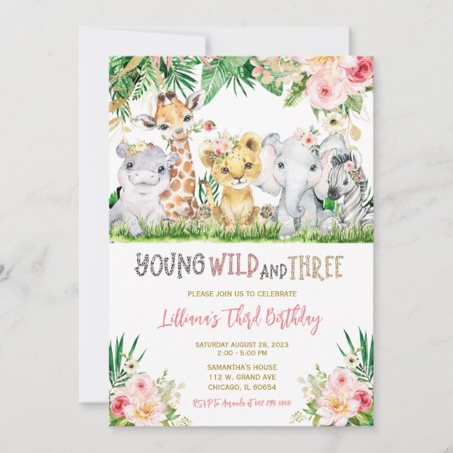 Invitación Cumpleaños de tres niñas en la jungla (Anverso)