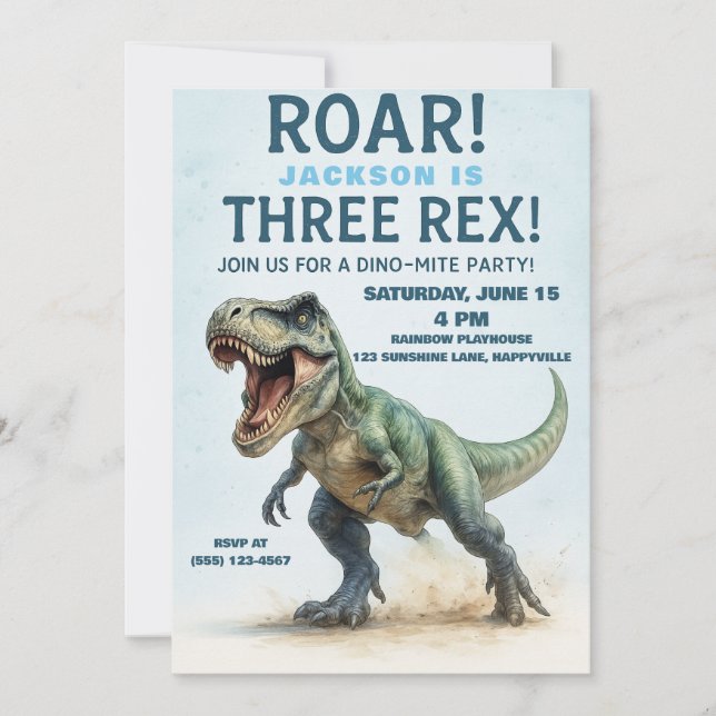 Invitación Cumpleaños de tres Rex - Boys T-Rex Dinosaur Bday (Anverso)