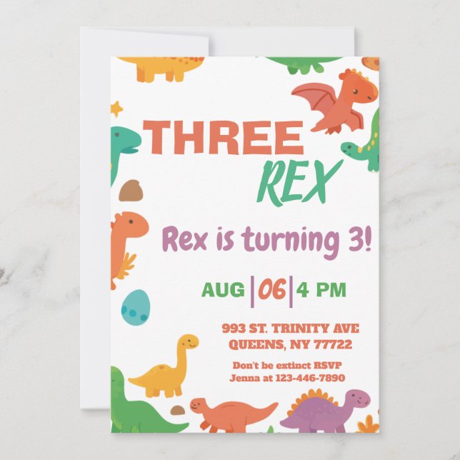 Invitación Cumpleaños de tres rex dinosaurios (Anverso)
