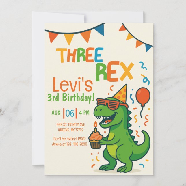 Invitación cumpleaños de tres rex dinosaurios divertidos (Anverso)