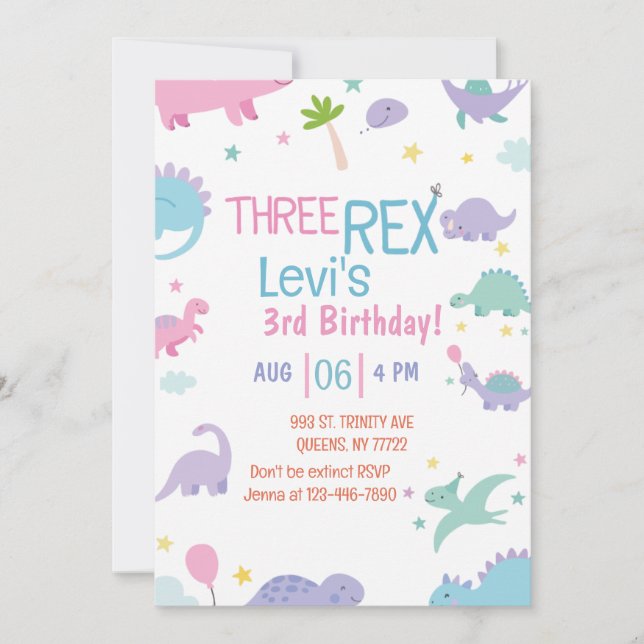 Invitación cumpleaños de tres rex dinosaurios divertidos (Anverso)