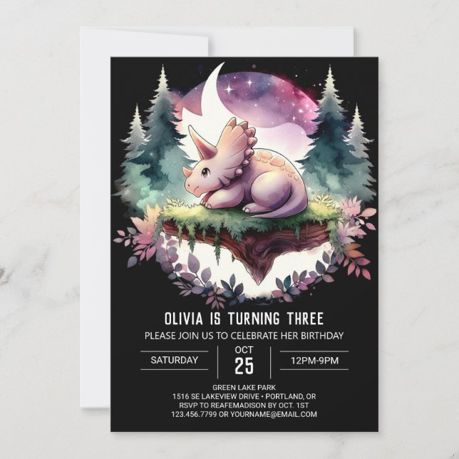Invitación Cumpleaños de Triceratops Imprimido con Encanto (Anverso)