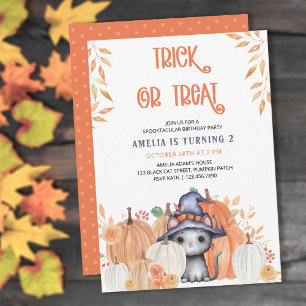 Invitación Cumpleaños de Truco o Trato de Gato Negro en Sombr