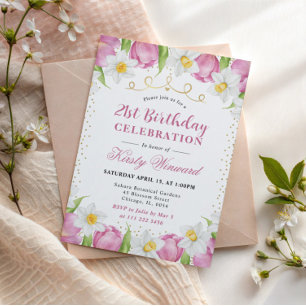 Invitación Cumpleaños de Tulipanes y Narcisos Rosados al Acua