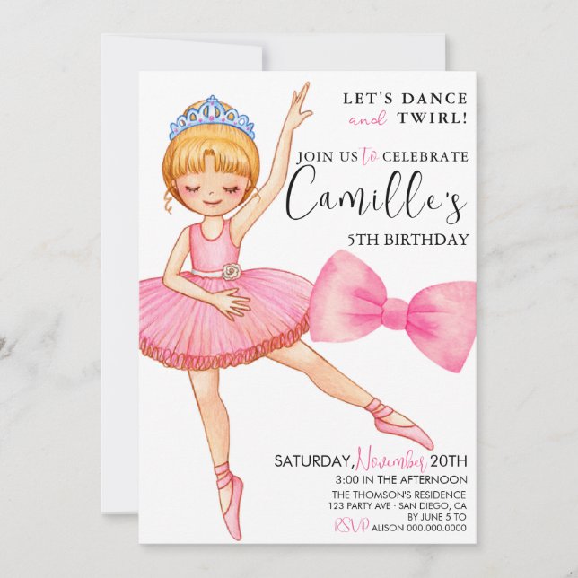 Invitación Cumpleaños de Tutu Ballerina Dress (Anverso)