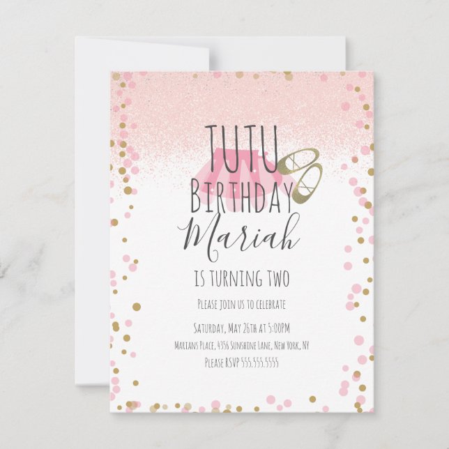 Invitación Cumpleaños de Tutú Niña Rosa Falso Brillo  (Anverso)